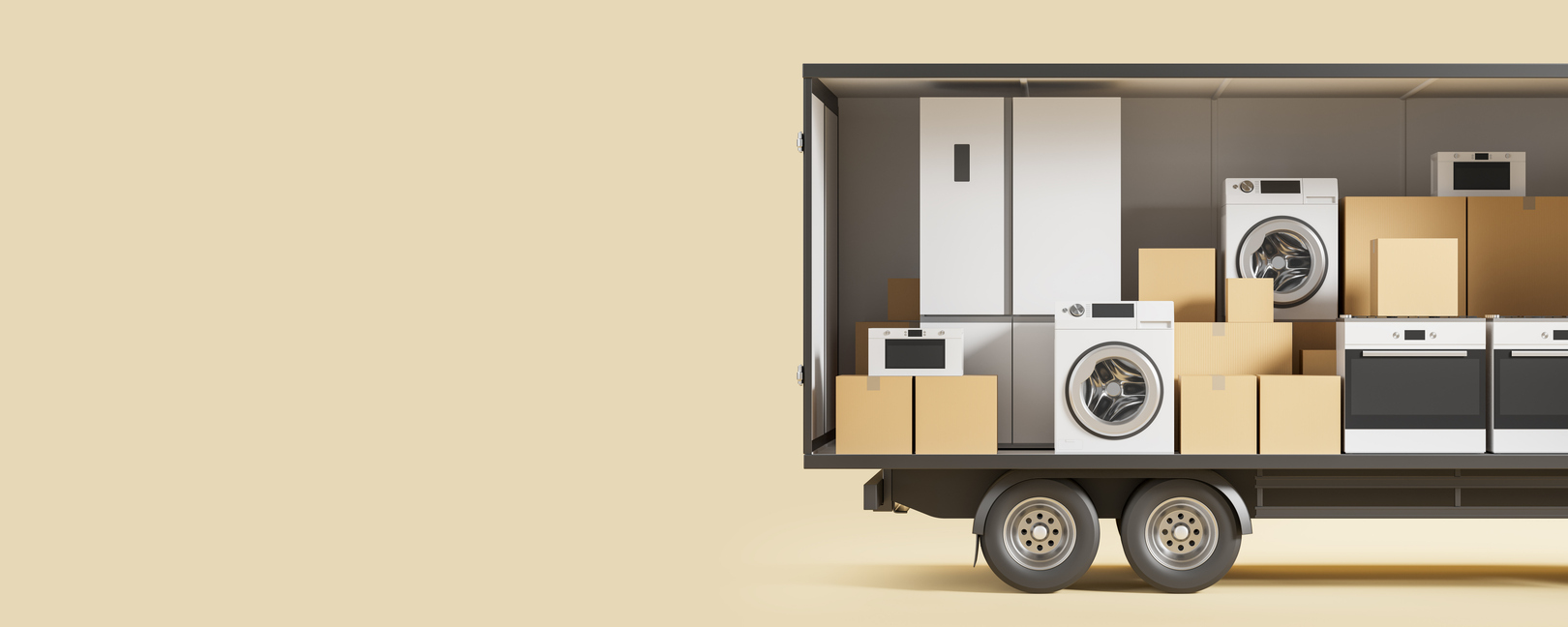 A graphic of a moving truck with a variety of appliances